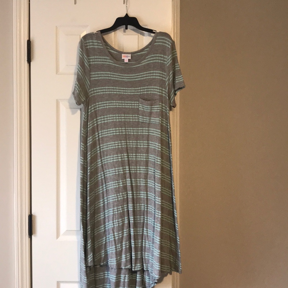 LuLaRoe Grey Carly with Mint/Aqua stripes